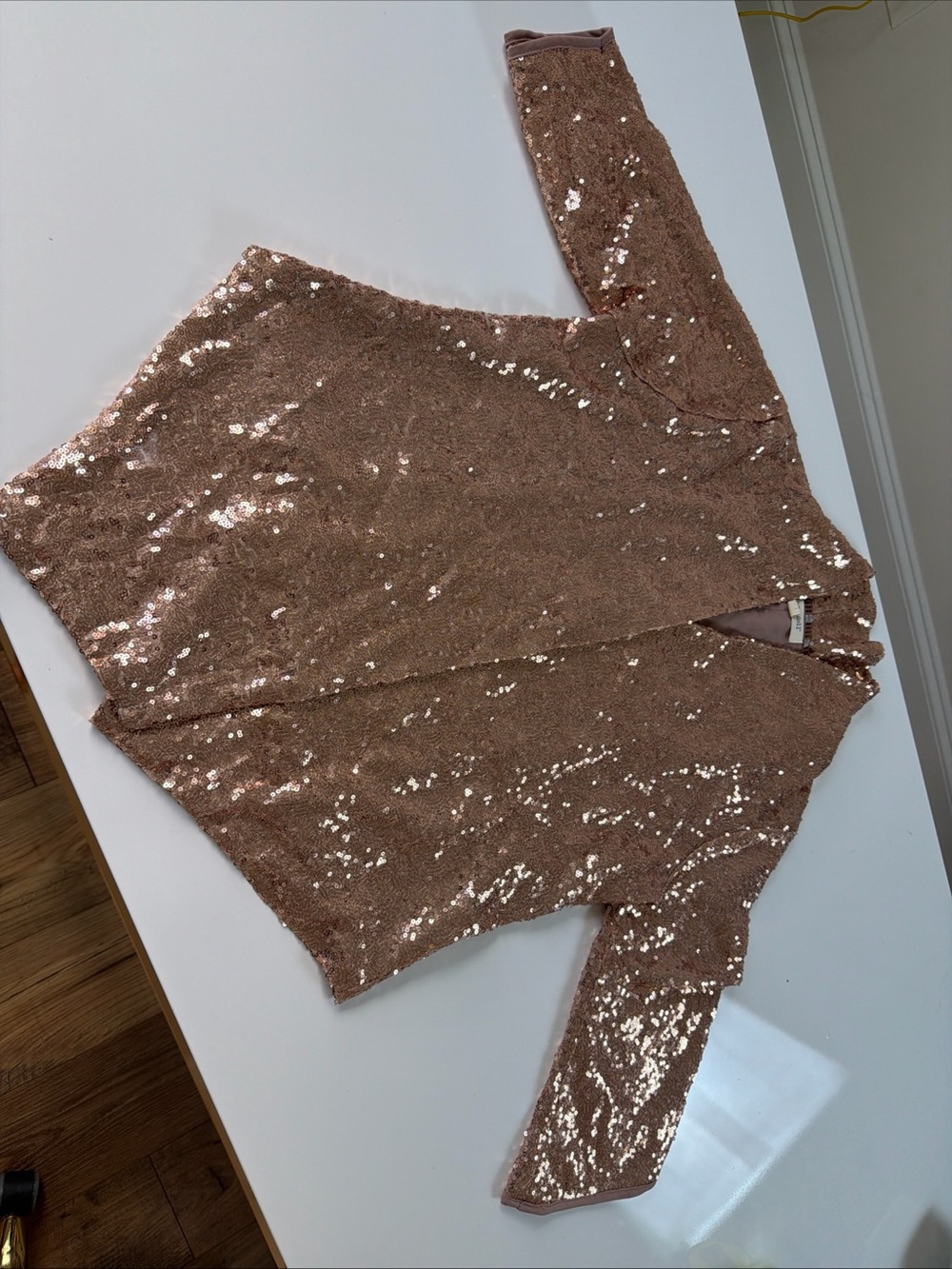 Living Doll Rose Gold Sequin Open Front Cardigan Jacket Blazer Women's Size M